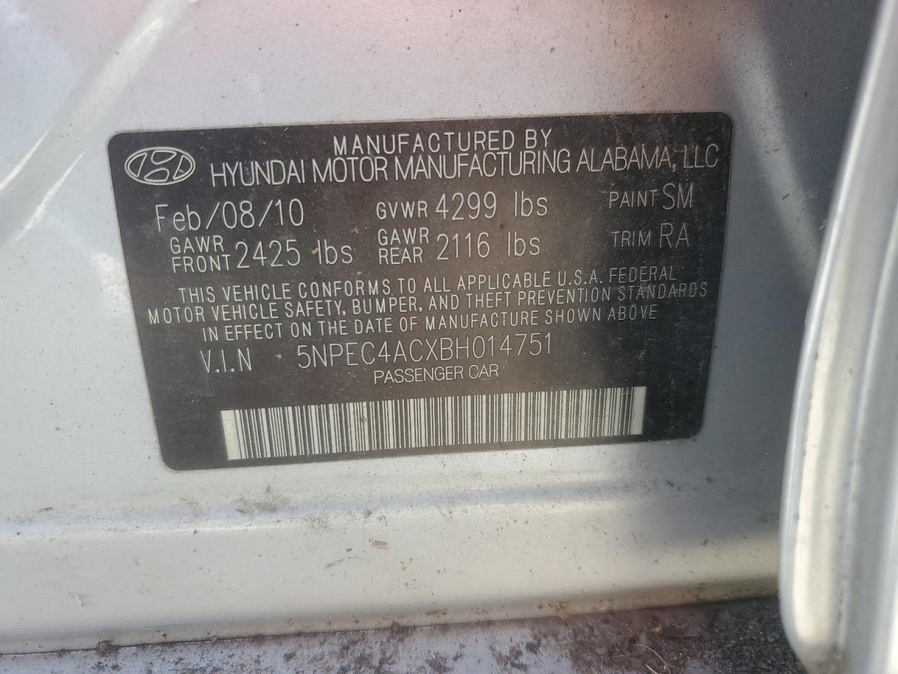 5NPEC4ACXBH014751 2011 Hyundai Sonata Se