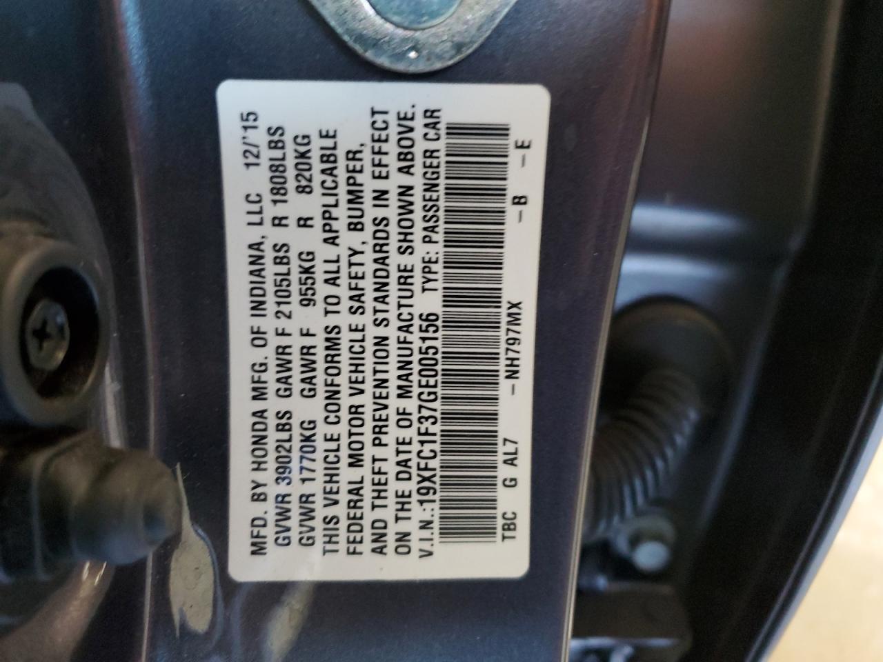 19XFC1F37GE005156 2016 Honda Civic Ex