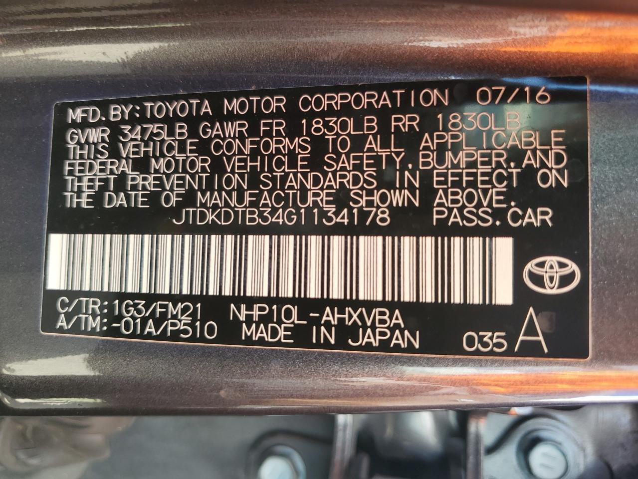 JTDKDTB34G1134178 2016 Toyota Prius C