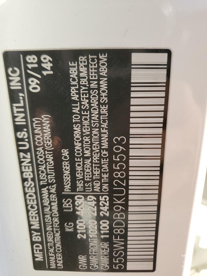 2019 Mercedes-Benz C 300 VIN: 55SWF8DB9KU285593 Lot: 75849594