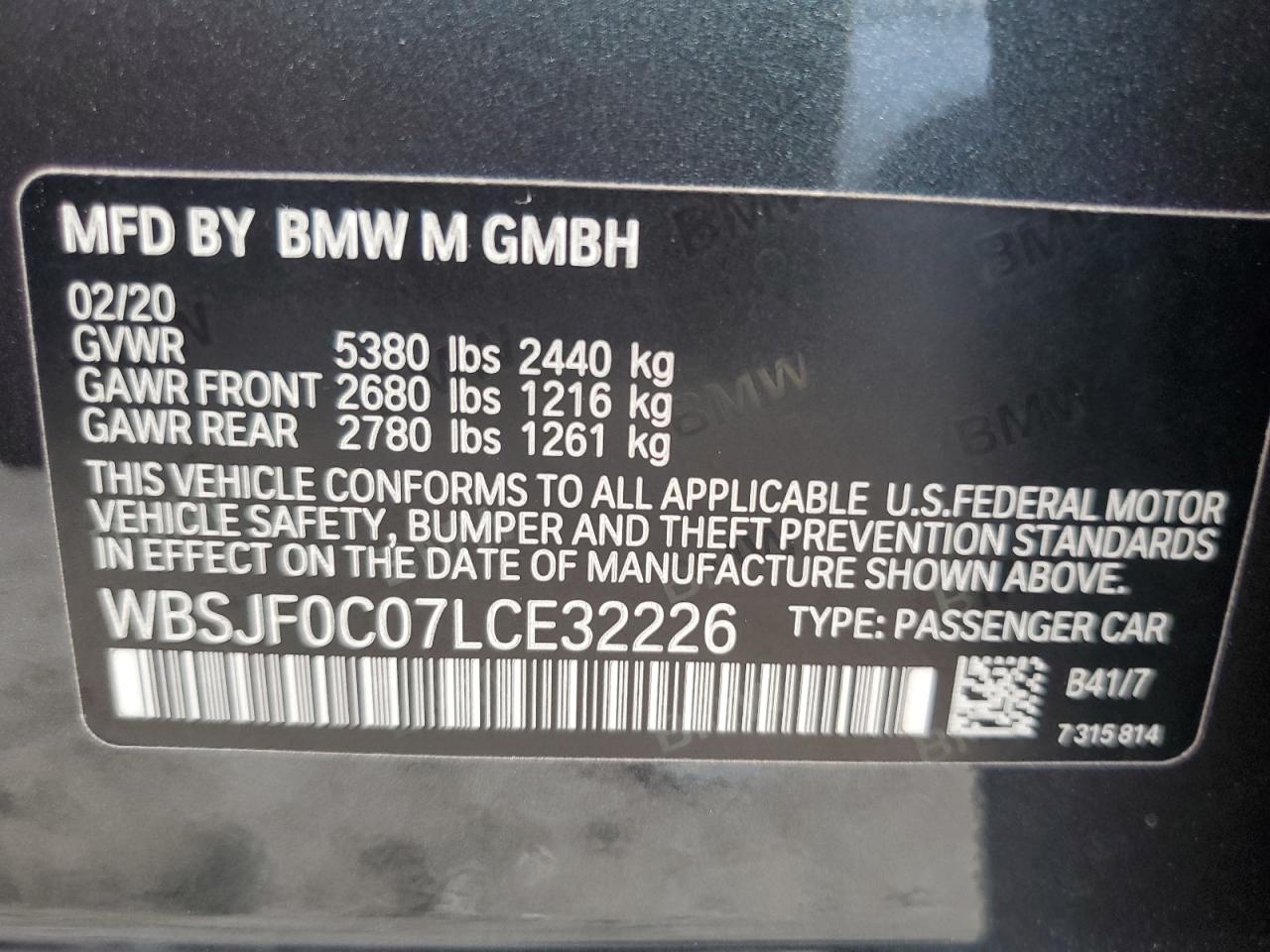 WBSJF0C07LCE32226 2020 BMW M5 Base