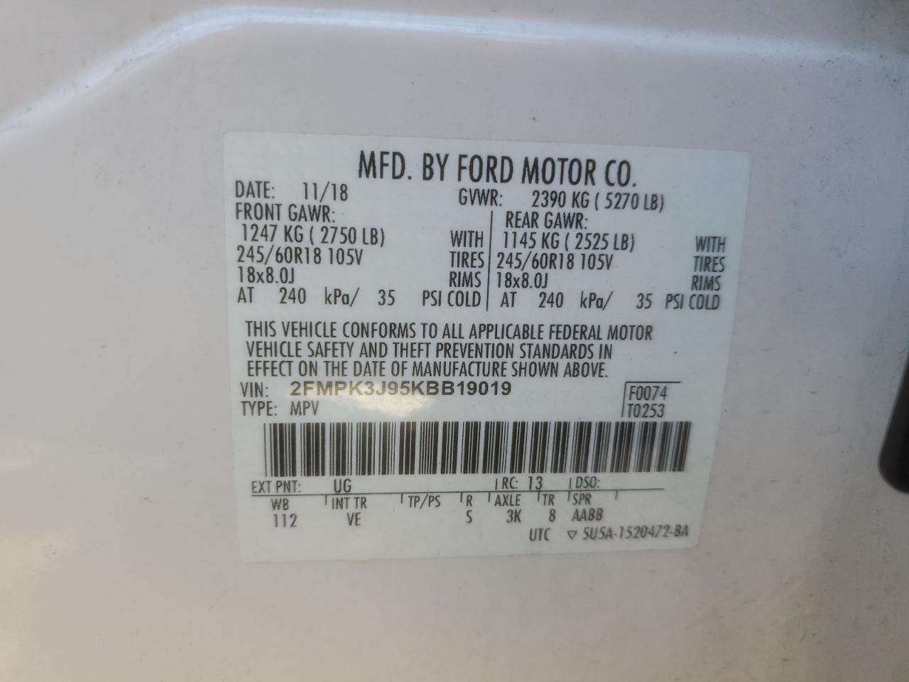 2019 Ford Edge Sel VIN: 2FMPK3J95KBB19019 Lot: 74453934