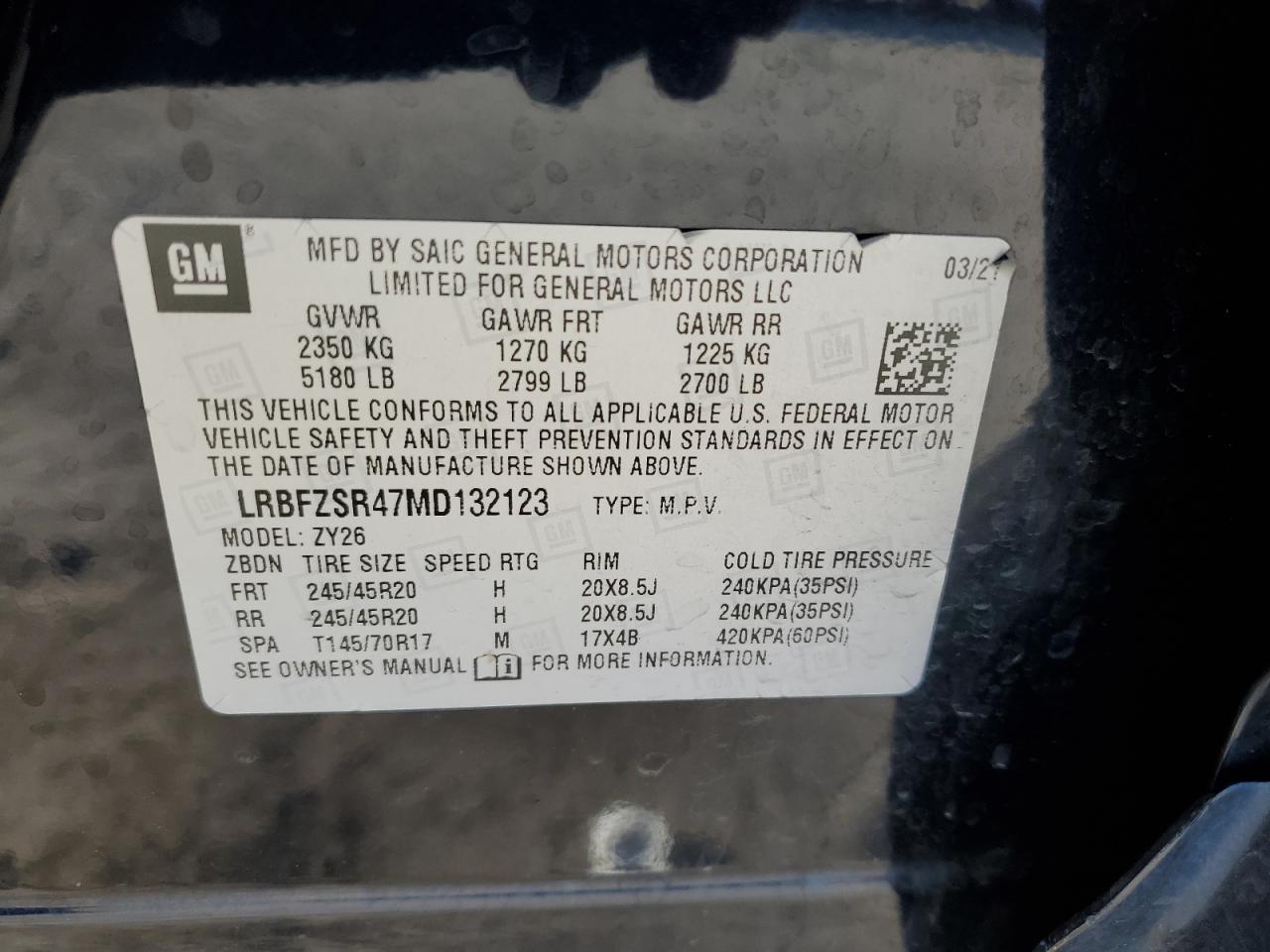 LRBFZSR47MD132123 2021 Buick Envision Avenir