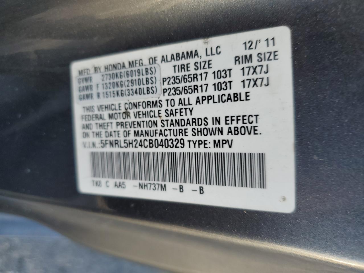 2012 Honda Odyssey Lx VIN: 5FNRL5H24CB040329 Lot: 76934214