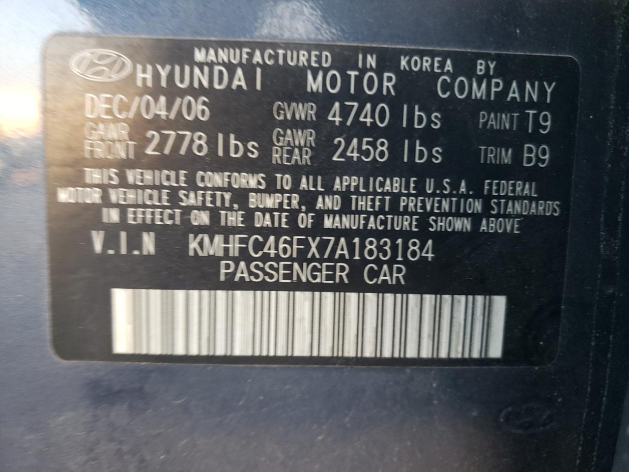 2007 Hyundai Azera Se VIN: KMHFC46FX7A183184 Lot: 74359314