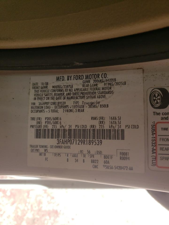 2009 Ford Fusion Se VIN: 3FAHP07129R189539 Lot: 75526674