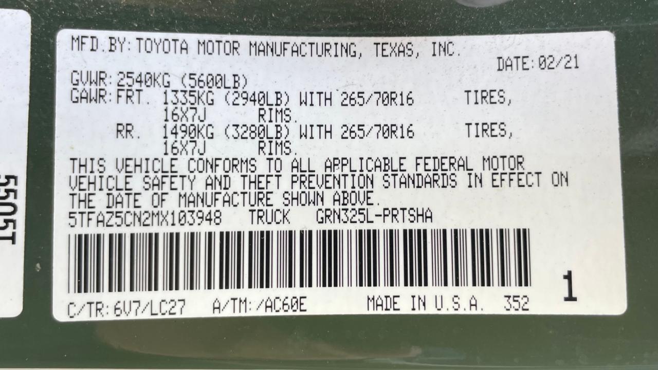 2021 Toyota Tacoma Double Cab VIN: 5TFAZ5CN2MX103948 Lot: 74216434