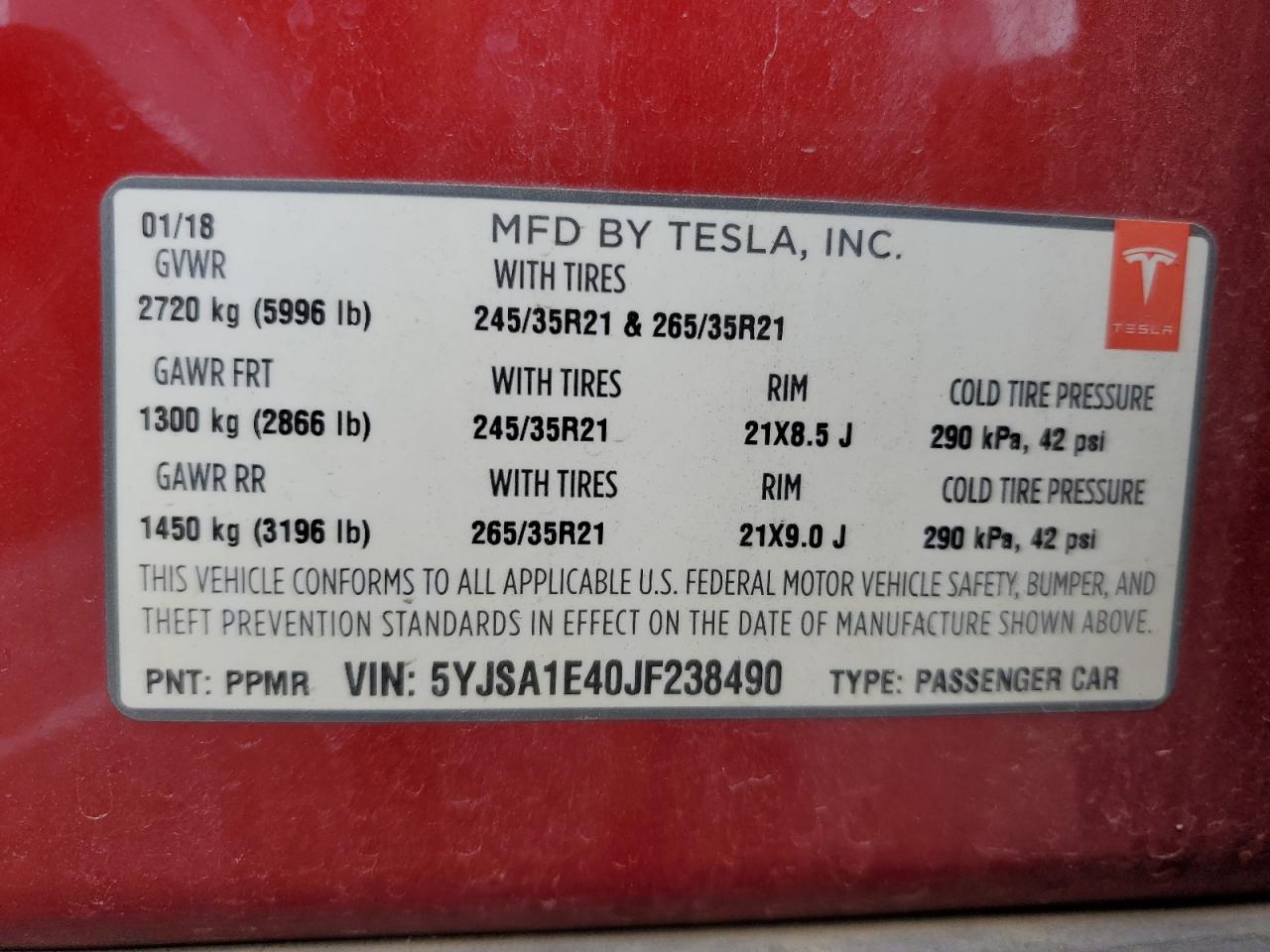 2018 Tesla Model S VIN: 5YJSA1E40JF238490 Lot: 76069124