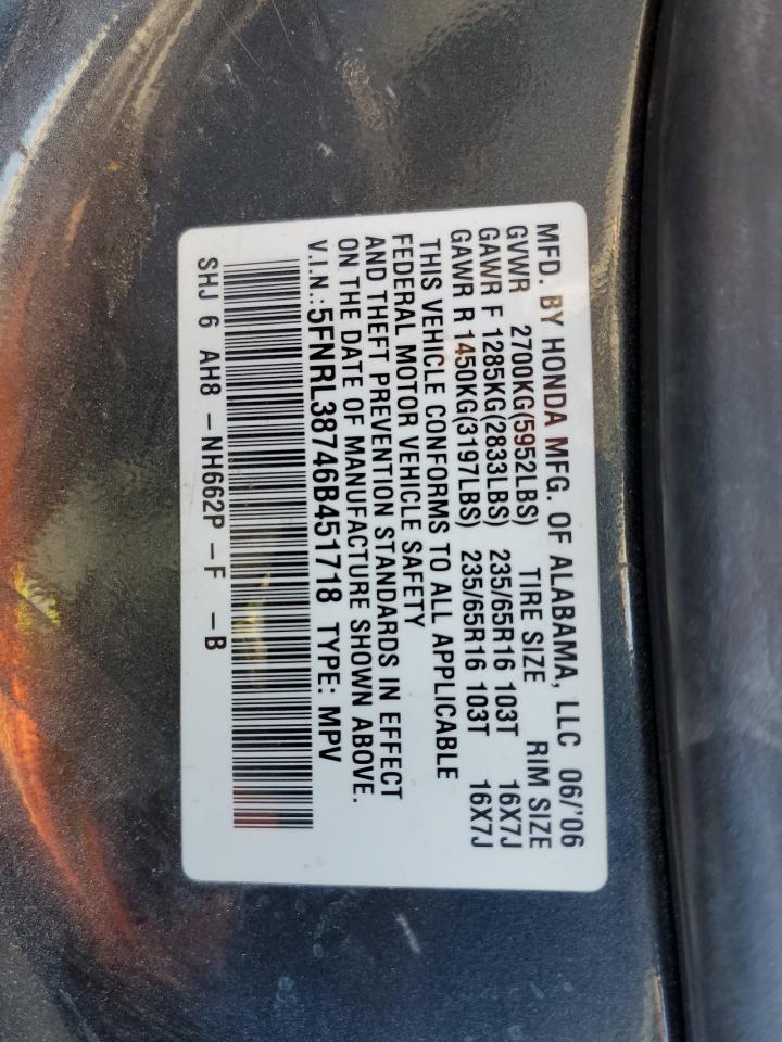 5FNRL38746B451718 2006 Honda Odyssey Exl