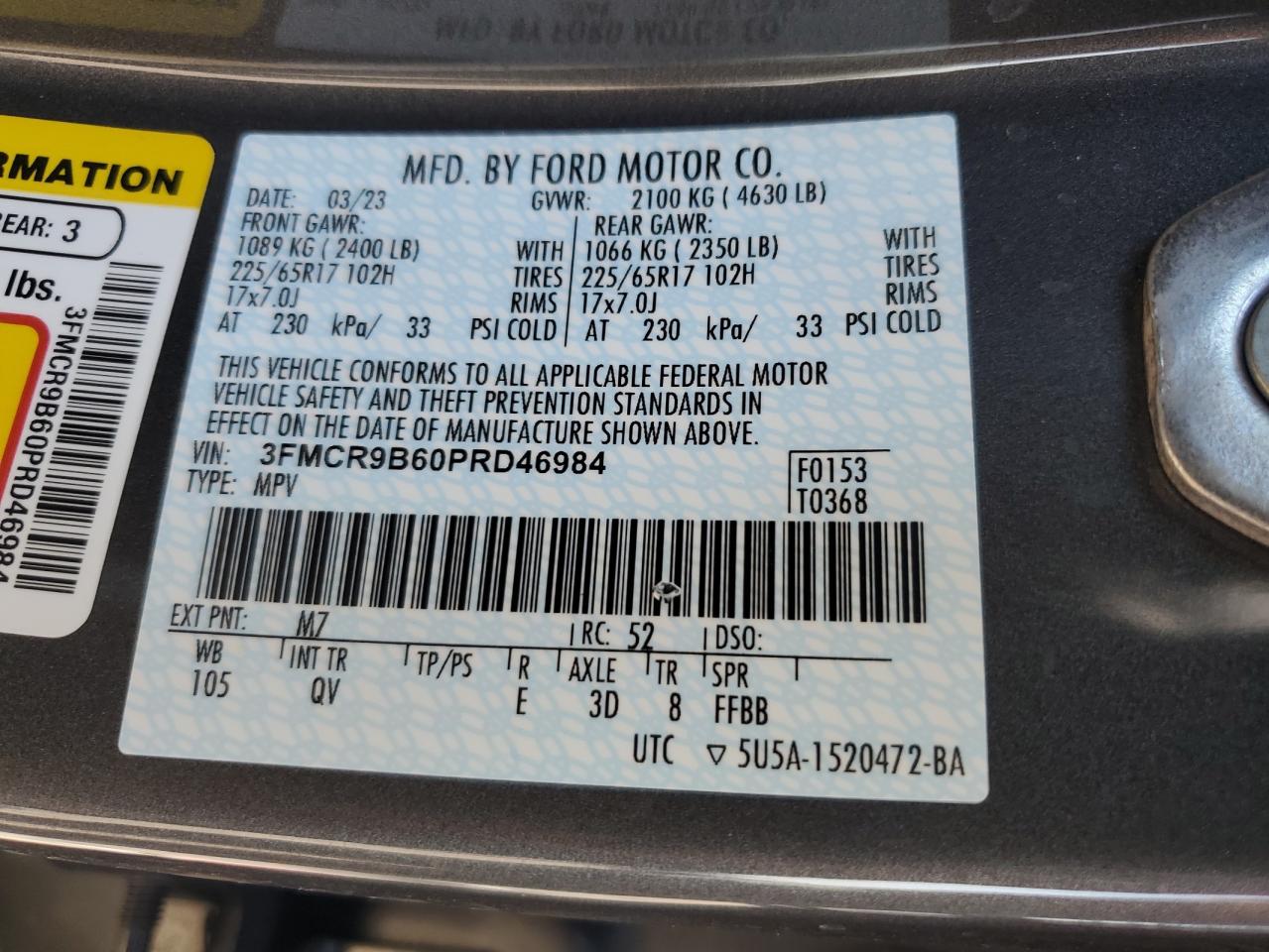 2023 Ford Bronco Sport Big Bend VIN: 3FMCR9B60PRD46984 Lot: 76334144