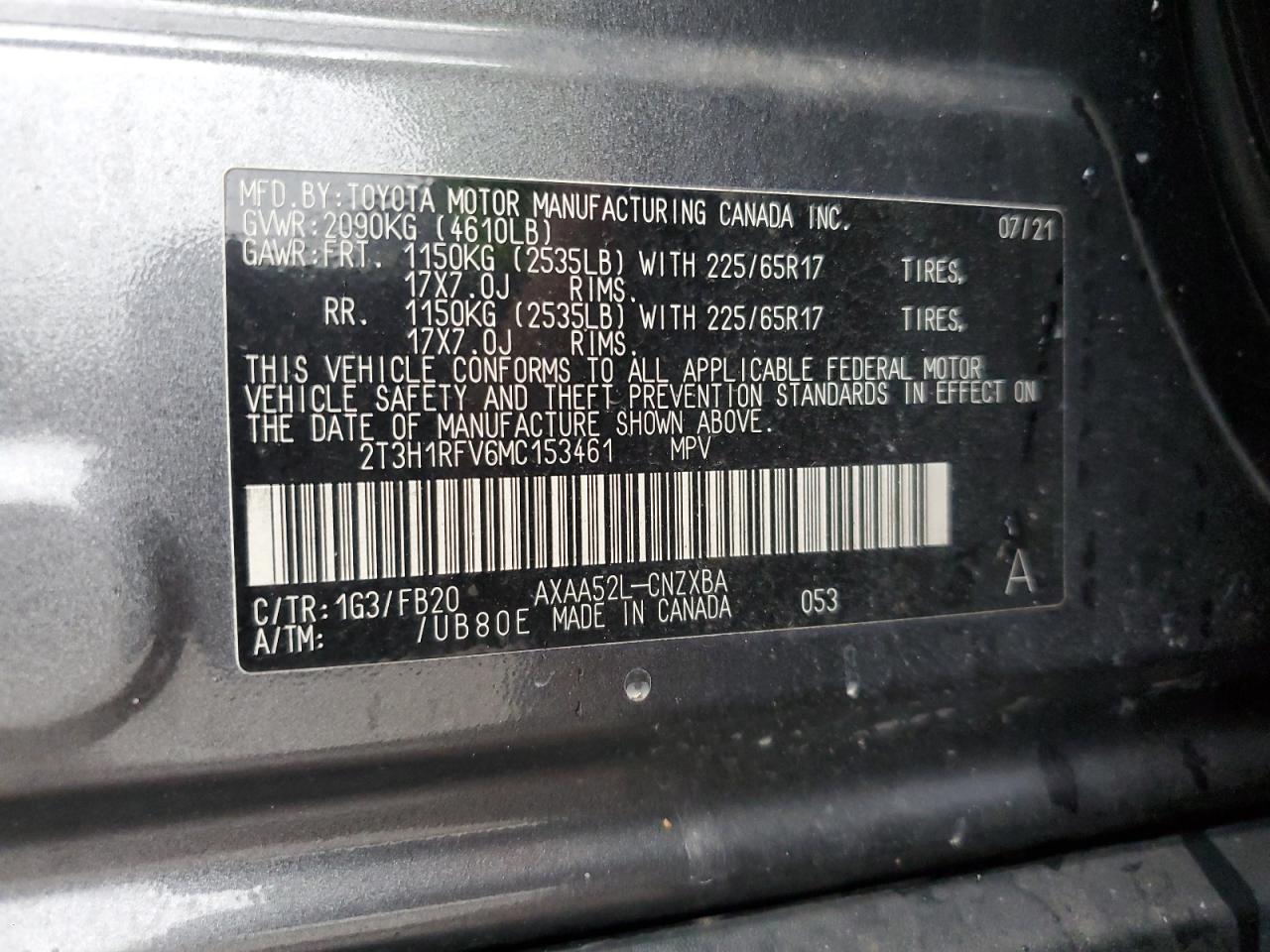 2T3H1RFV6MC153461 2021 Toyota Rav4 Le