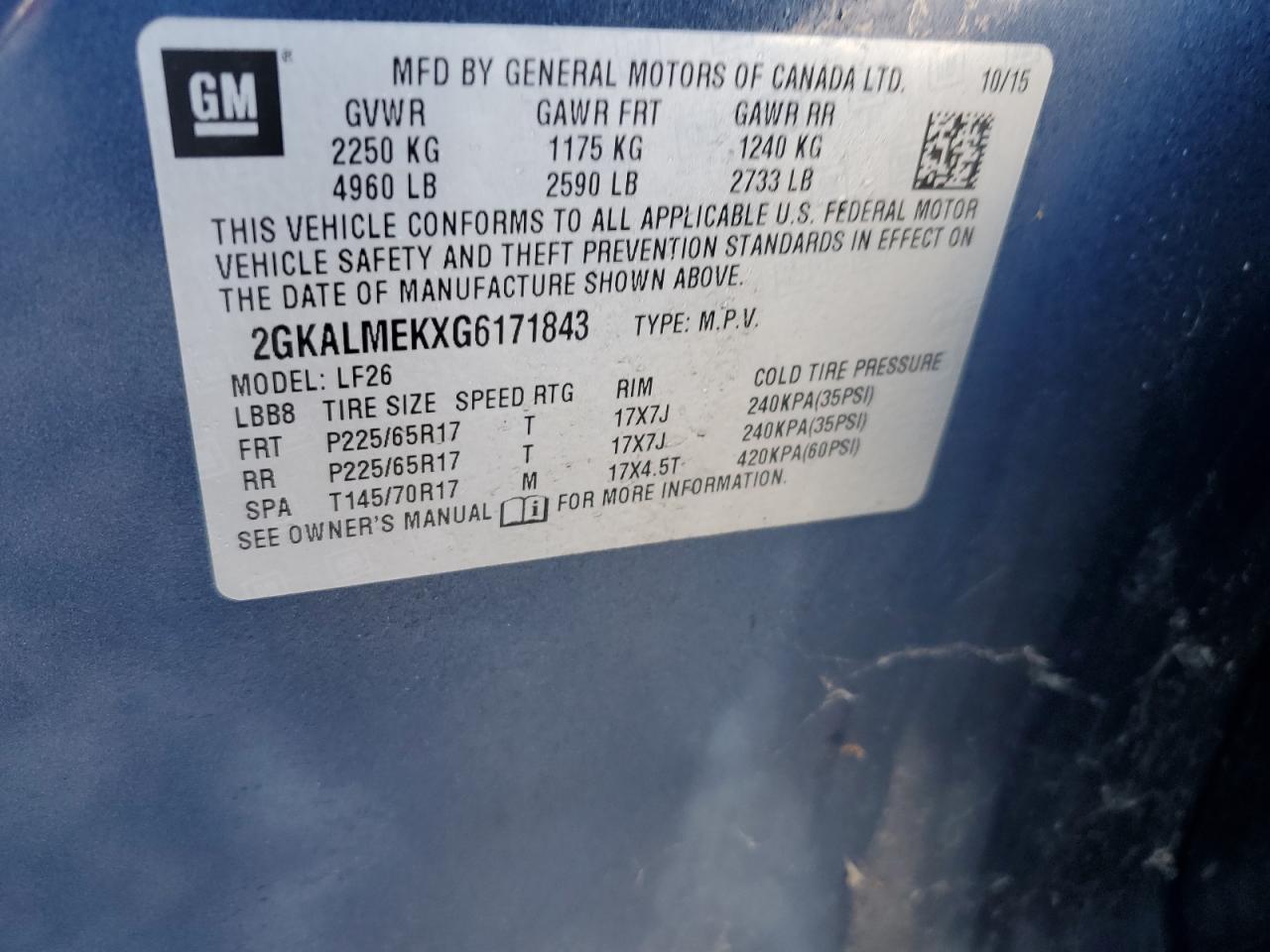 2GKALMEKXG6171843 2016 GMC Terrain Sle