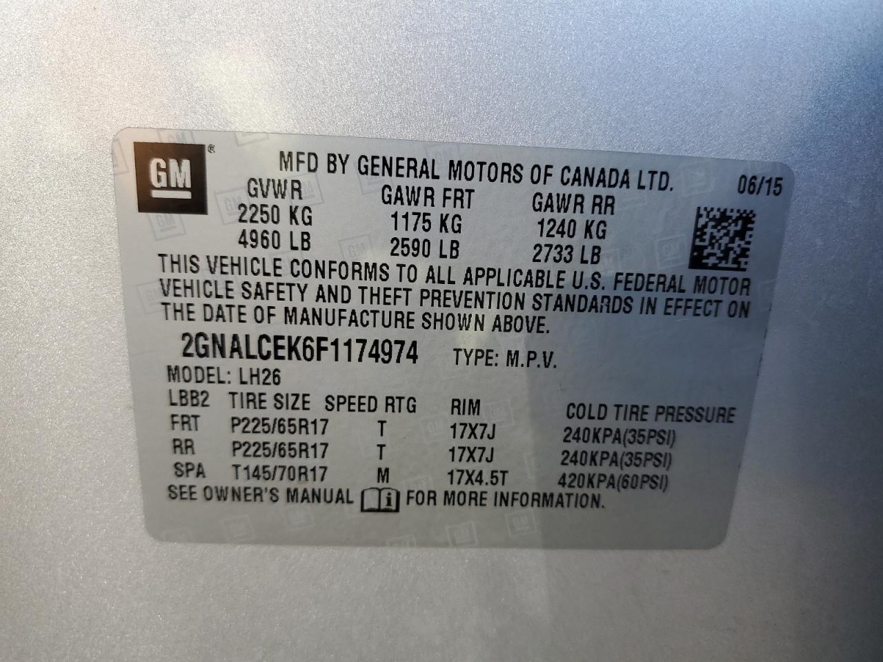 2GNALCEK6F1174974 2015 Chevrolet Equinox Lt