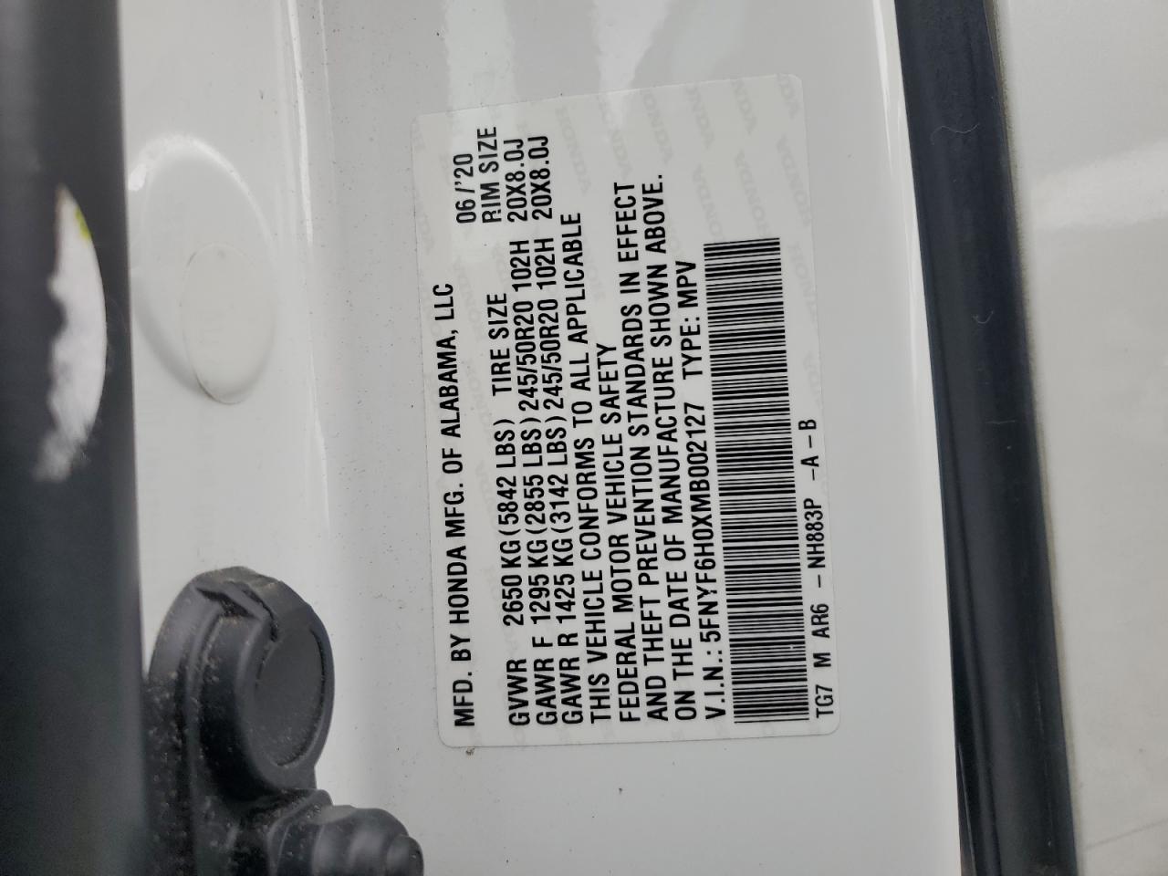 5FNYF6H0XMB002127 2021 Honda Pilot Elite