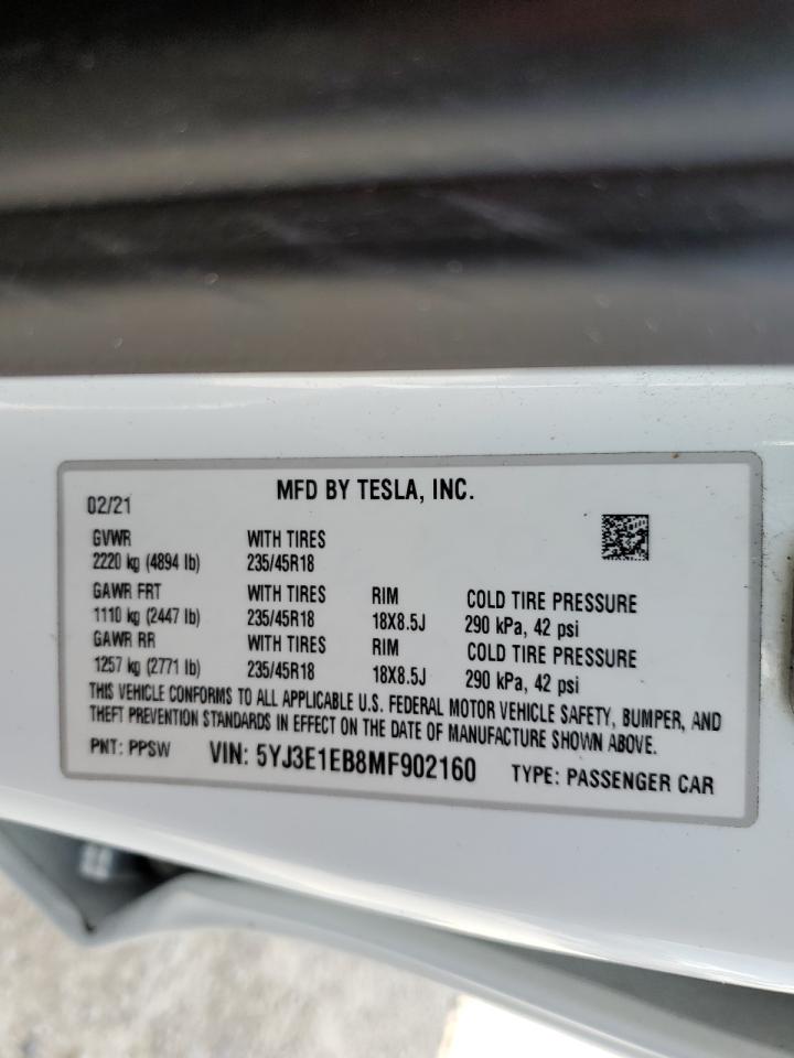 2021 Tesla Model 3 VIN: 5YJ3E1EB8MF902160 Lot: 75308264