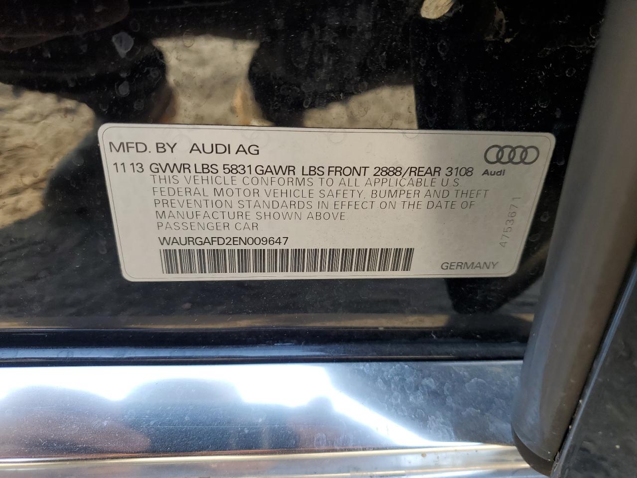 2014 Audi A8 L Quattro VIN: WAURGAFD2EN009647 Lot: 76626254