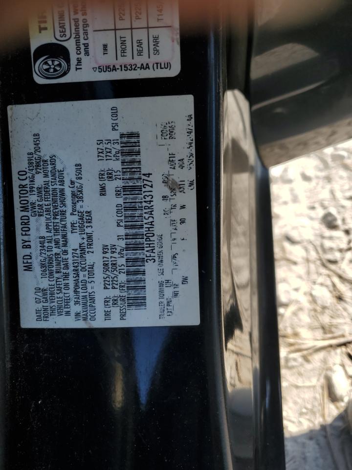 2010 Ford Fusion Se VIN: 3FAHP0HA5AR431274 Lot: 86526364