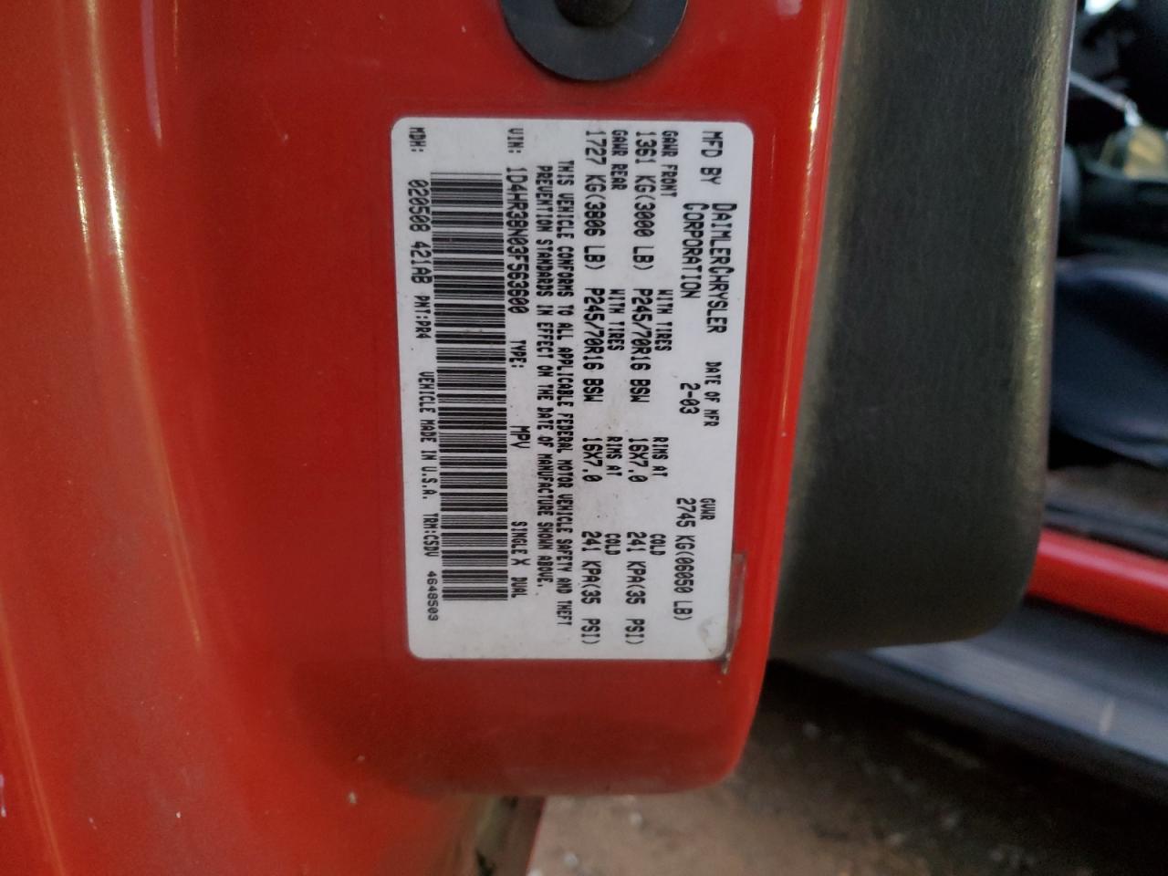 2003 Dodge Durango Sport VIN: 1D4HR38N03F563600 Lot: 57849305