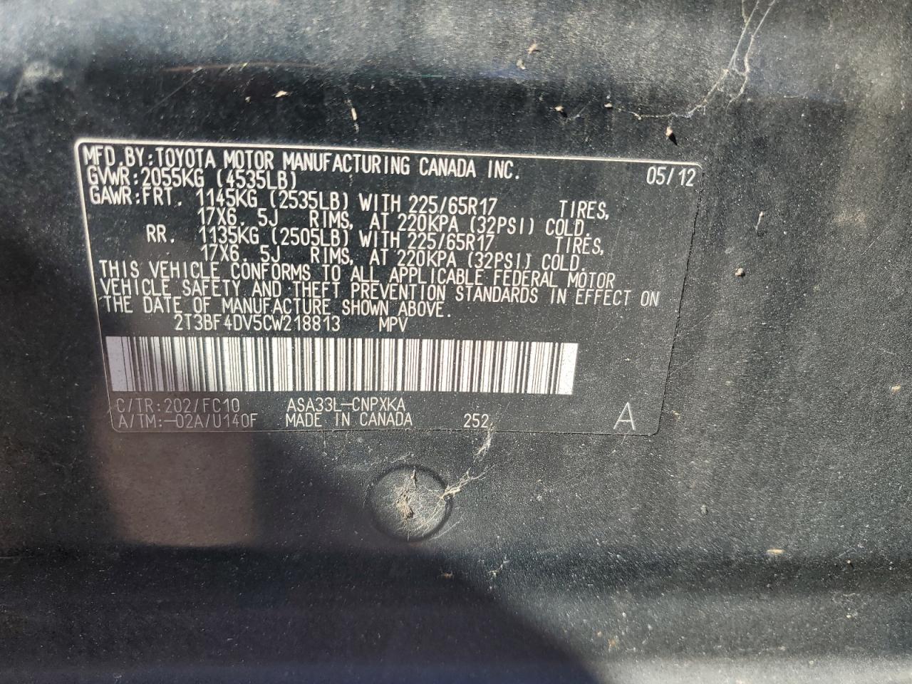 2T3BF4DV5CW218813 2012 Toyota Rav4