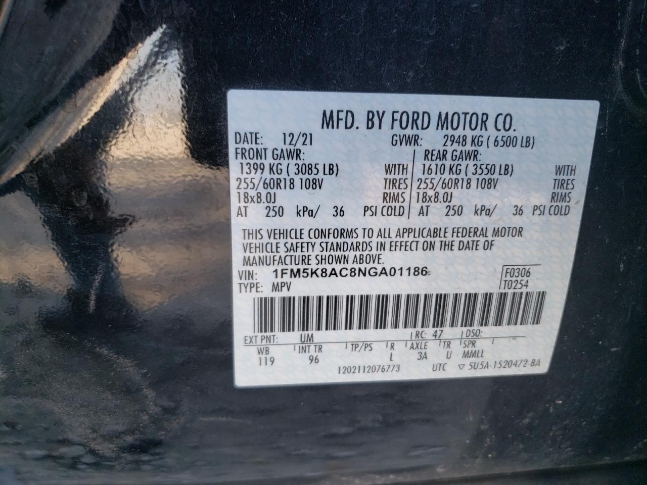 2022 Ford Explorer Police Interceptor VIN: 1FM5K8AC8NGA01186 Lot: 78415554