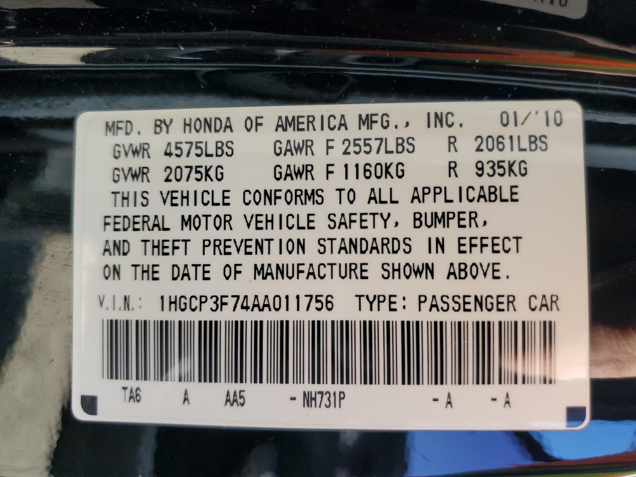 1HGCP3F74AA011756 2010 Honda Accord Ex