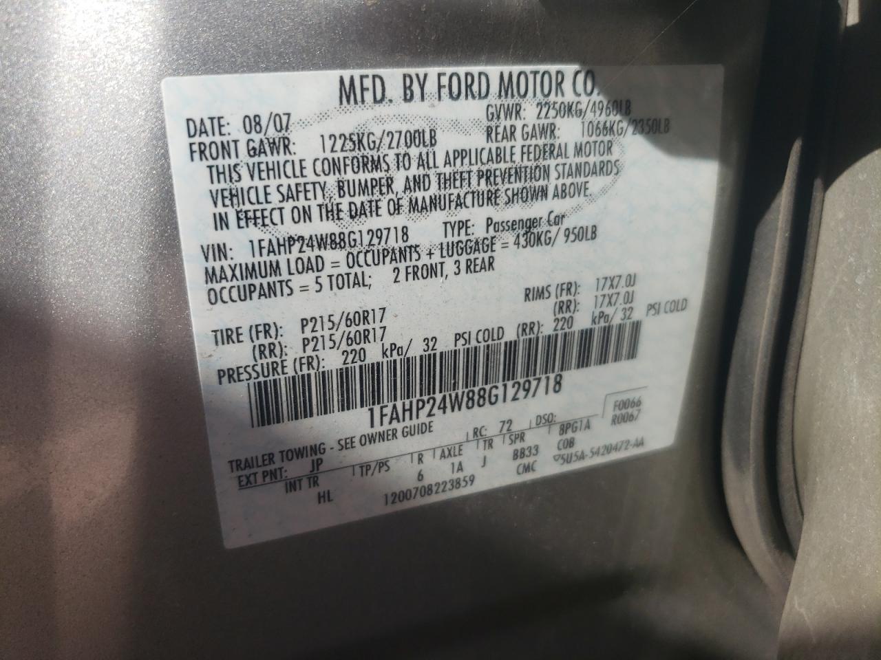 2008 Ford Taurus Sel VIN: 1FAHP24W88G129718 Lot: 74993114