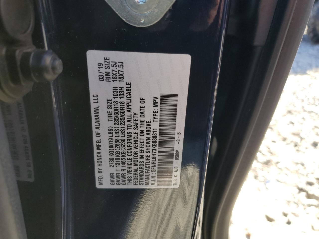 5FNRL6H73KB088811 2019 Honda Odyssey Exl