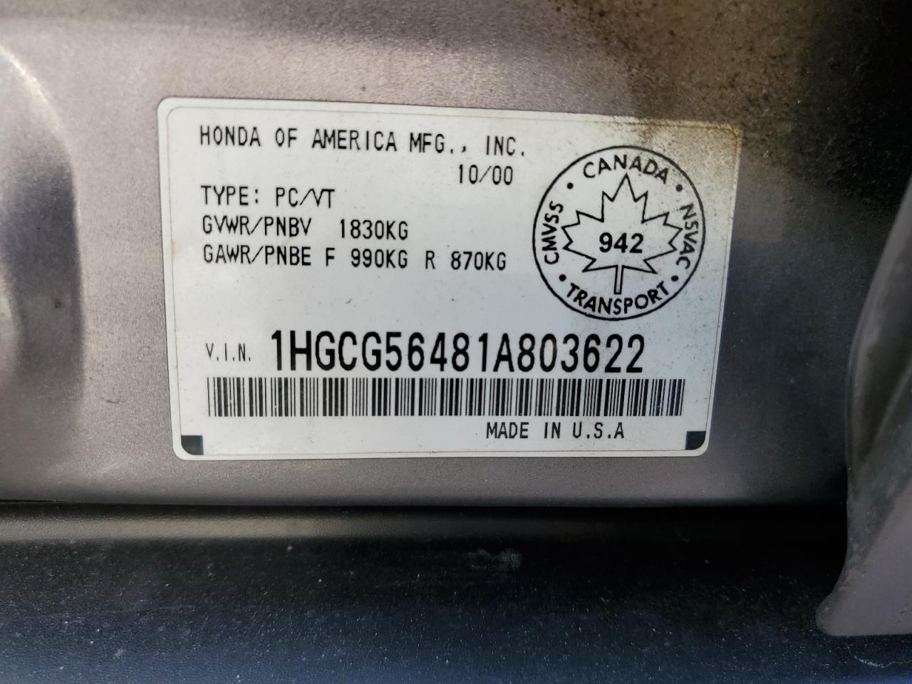 1HGCG56481A803622 2001 Honda Accord Lx