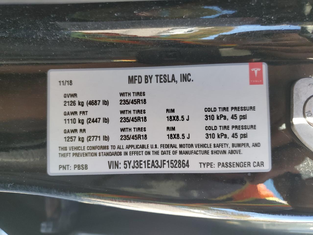 5YJ3E1EA3JF152864 2018 Tesla Model 3