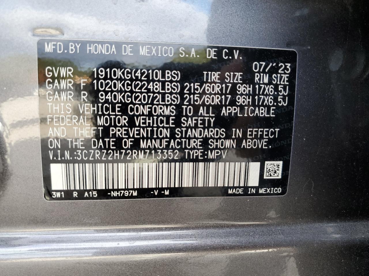 2024 Honda Hr-V Exl VIN: 3CZRZ2H72RM713352 Lot: 75195334