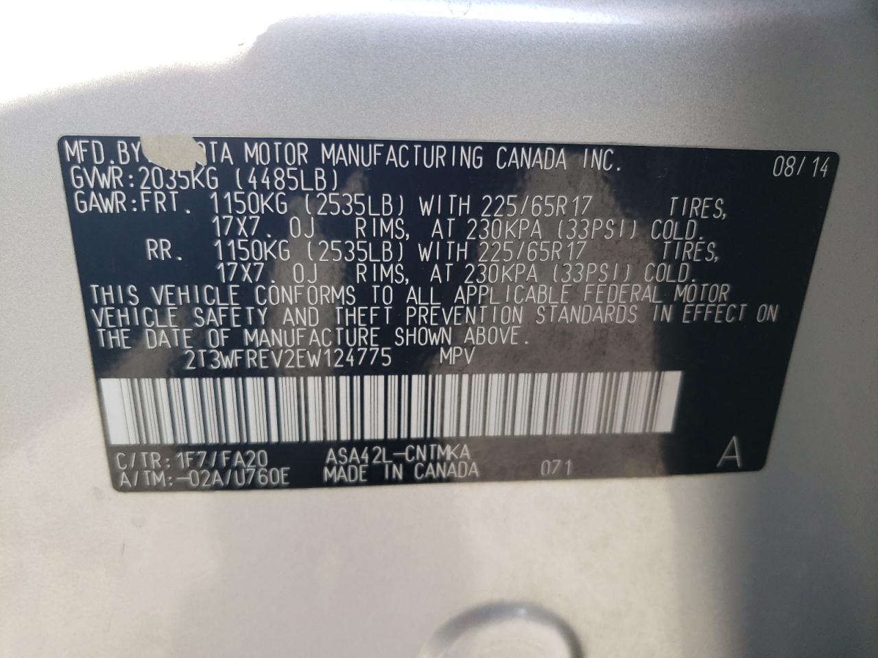 2T3WFREV2EW124775 2014 Toyota Rav4 Xle