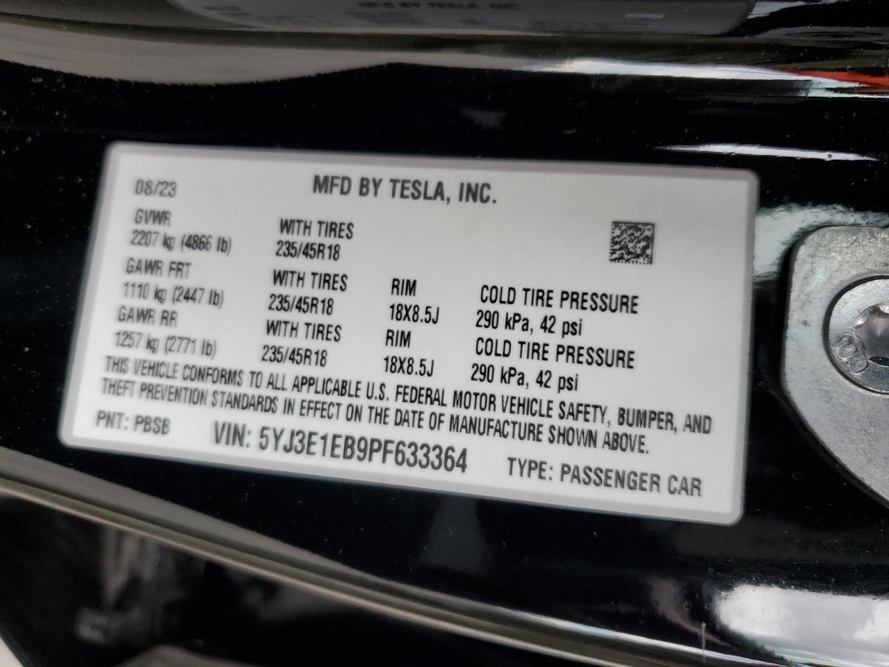 5YJ3E1EB9PF633364 2023 Tesla Model 3