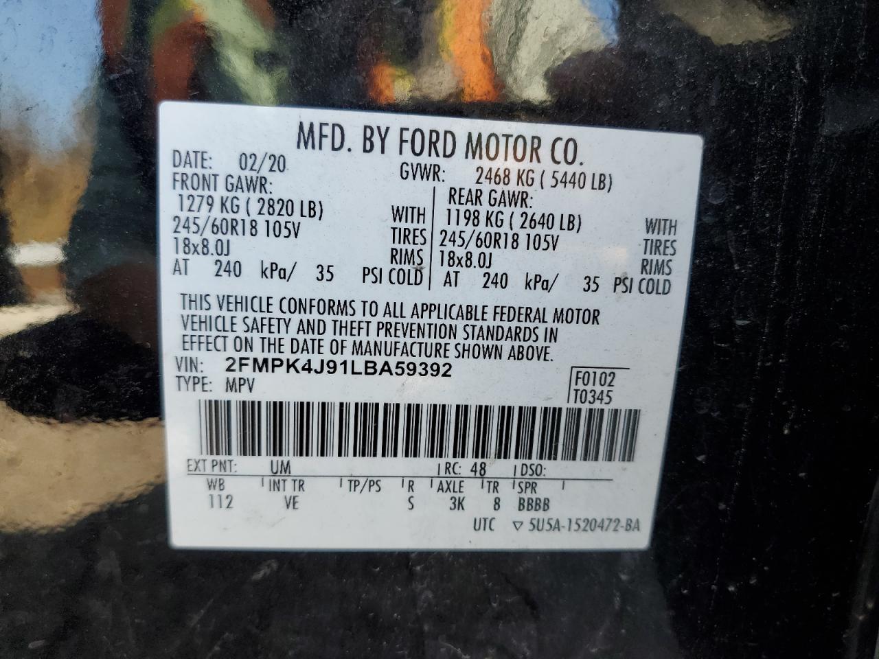 2020 Ford Edge Sel VIN: 2FMPK4J91LBA59392 Lot: 76983884