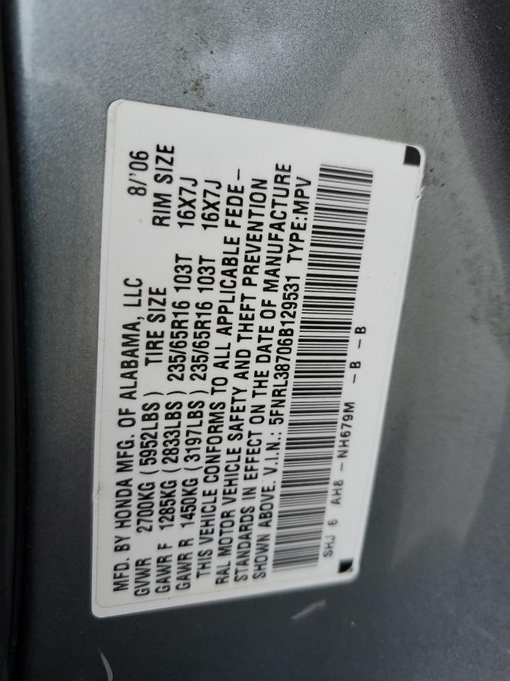 2006 Honda Odyssey Exl VIN: 5FNRL38706B129531 Lot: 78148644