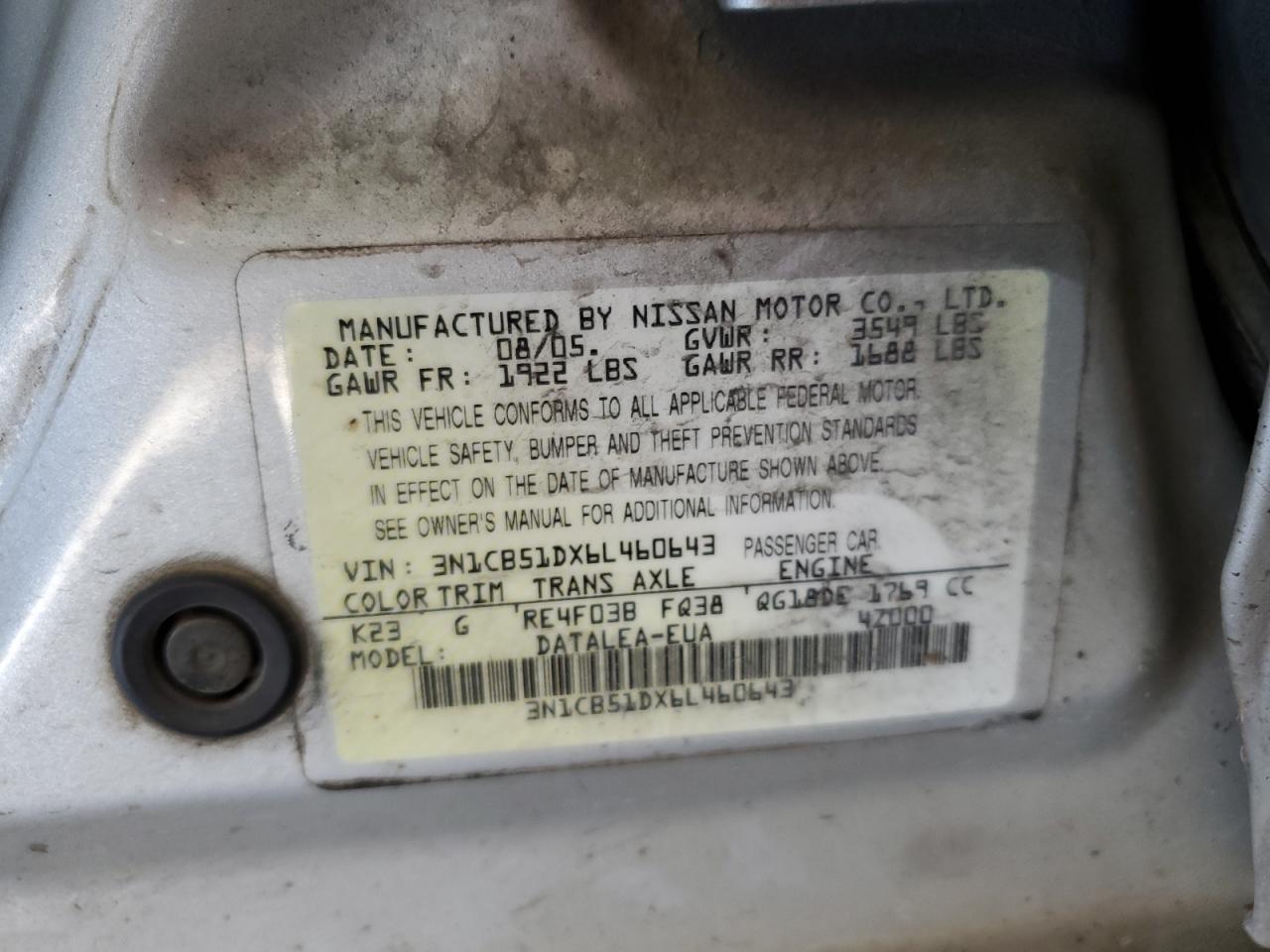 3N1CB51DX6L460643 2006 Nissan Sentra 1.8