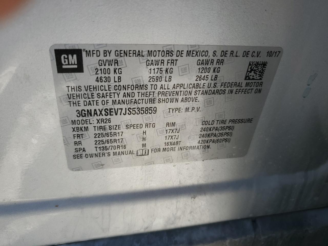 3GNAXSEV7JS535859 2018 Chevrolet Equinox Lt