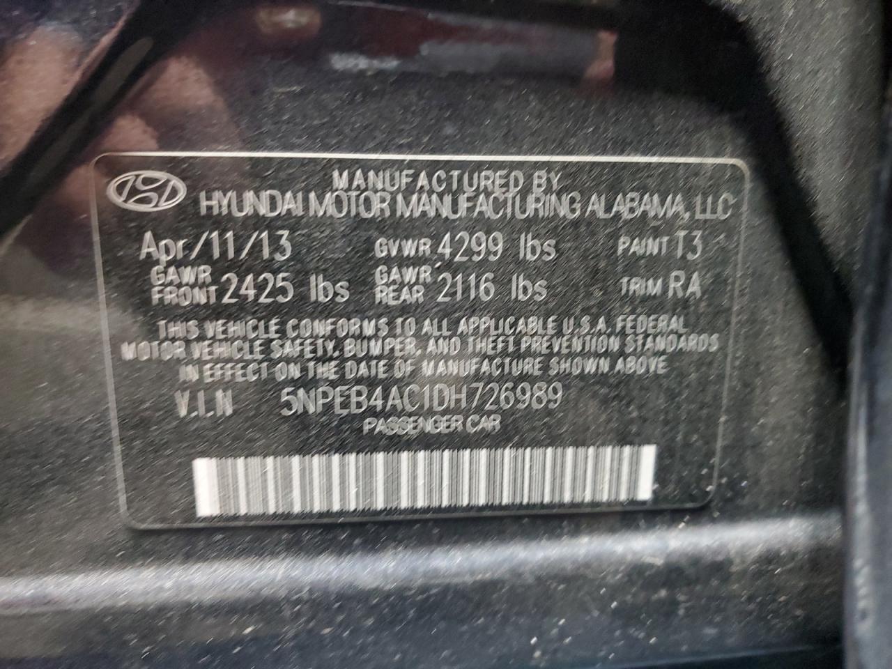 5NPEB4AC1DH726989 2013 Hyundai Sonata Gls