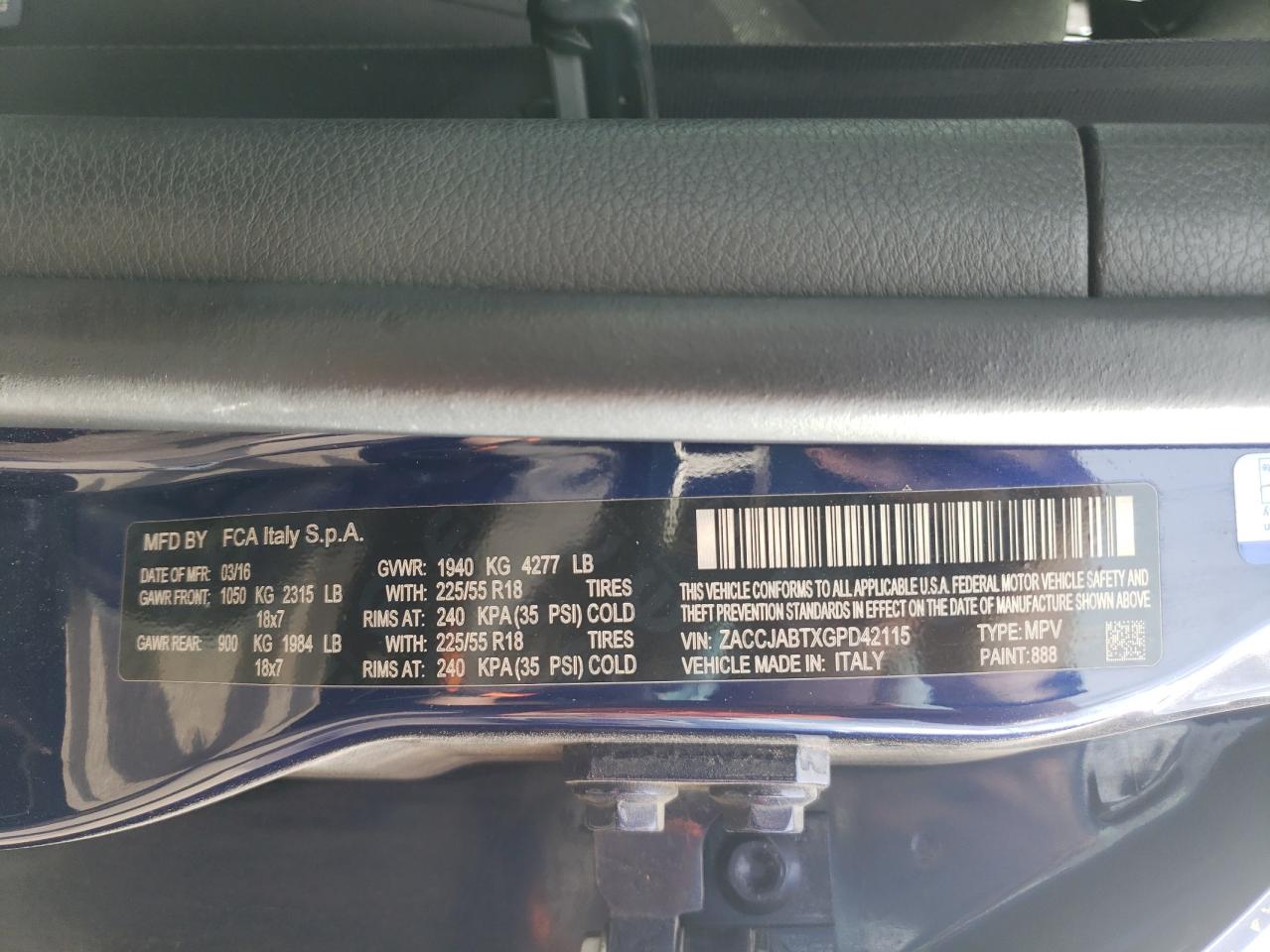 2016 Jeep Renegade Latitude VIN: ZACCJABTXGPD42115 Lot: 76899694