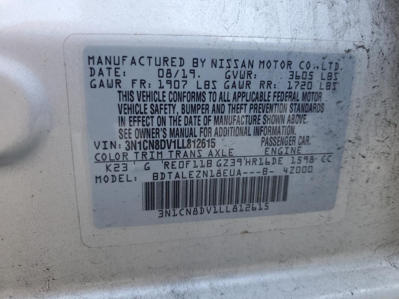 3N1CN8DV1LL812615 2020 Nissan Versa S