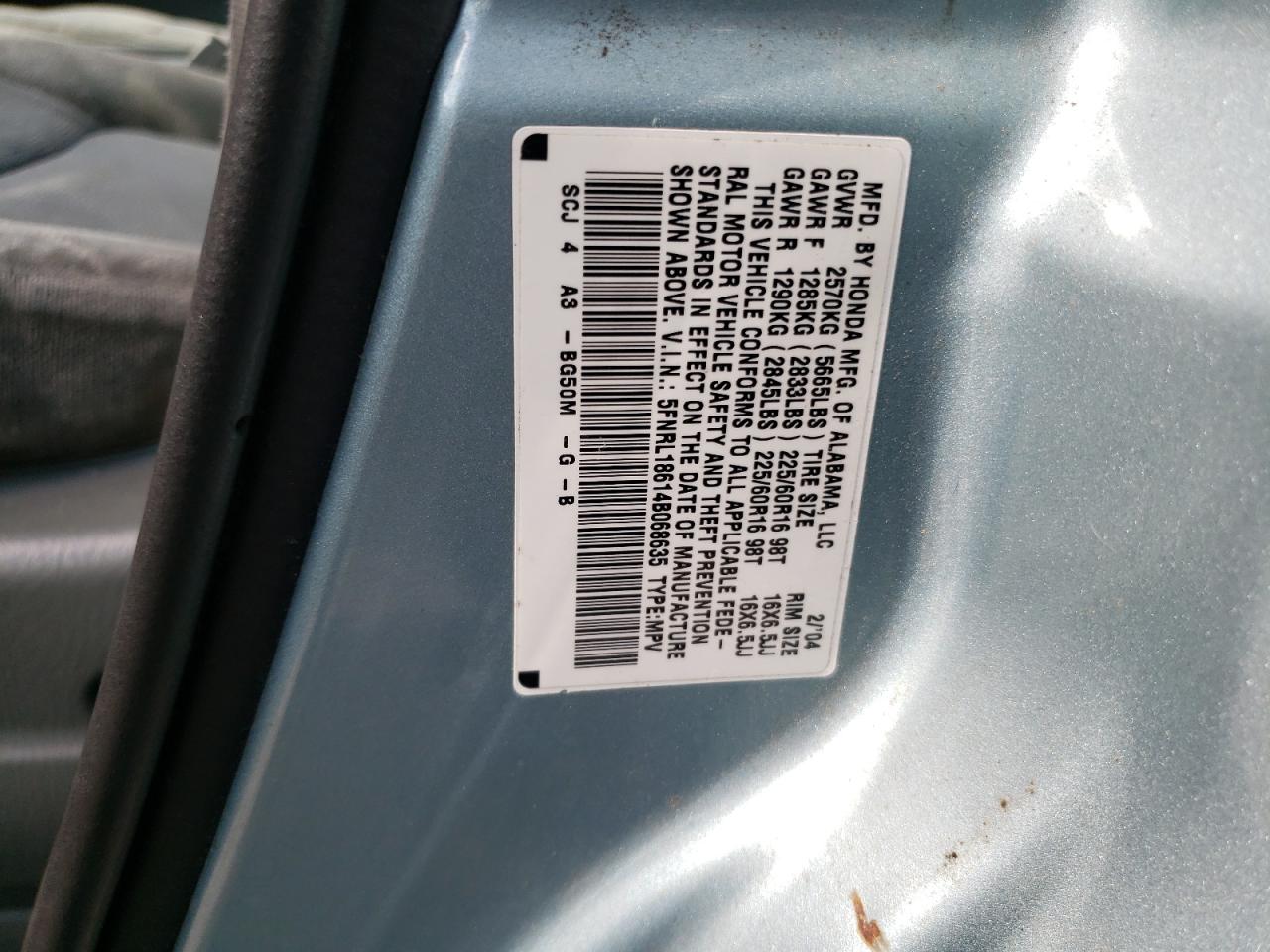 5FNRL18614B068635 2004 Honda Odyssey Ex