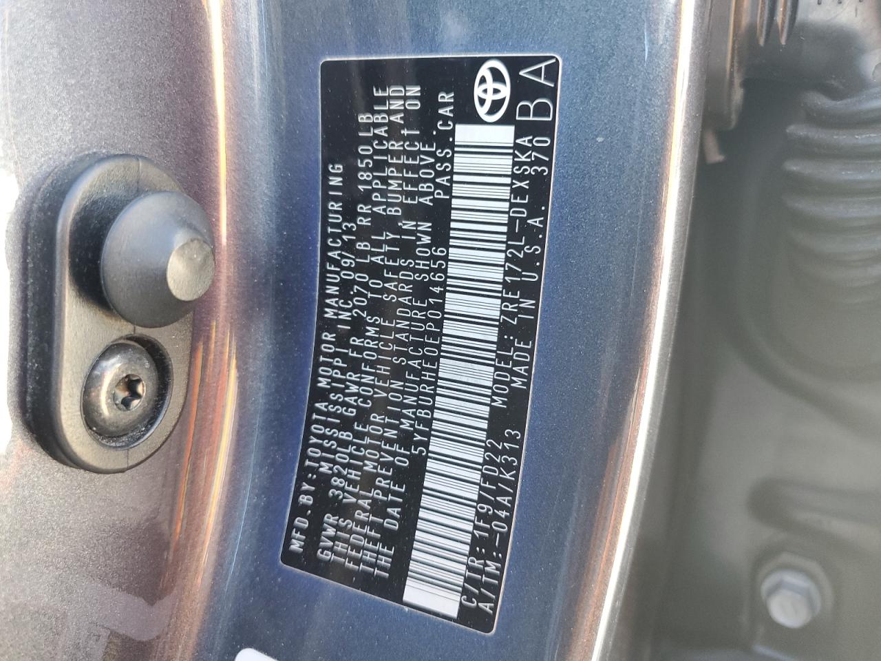 2014 Toyota Corolla L VIN: 5YFBURHE0EP014656 Lot: 77881574