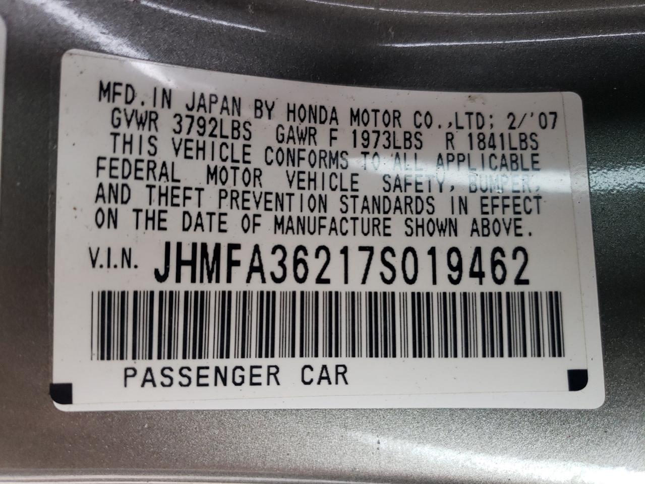 JHMFA36217S019462 2007 Honda Civic Hybrid