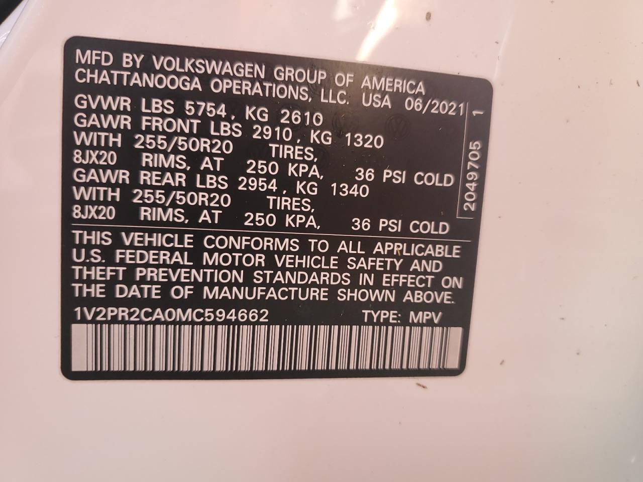 2021 Volkswagen Atlas Se VIN: 1V2PR2CA0MC594662 Lot: 81204604