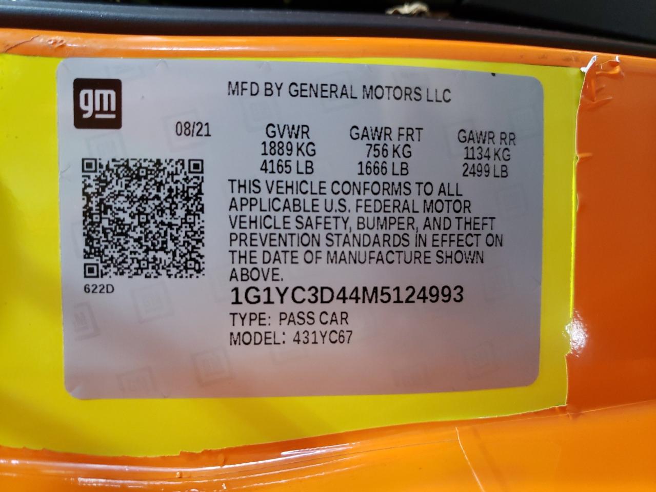 2021 Chevrolet Corvette Stingray 3Lt VIN: 1G1YC3D44M5124993 Lot: 74510814