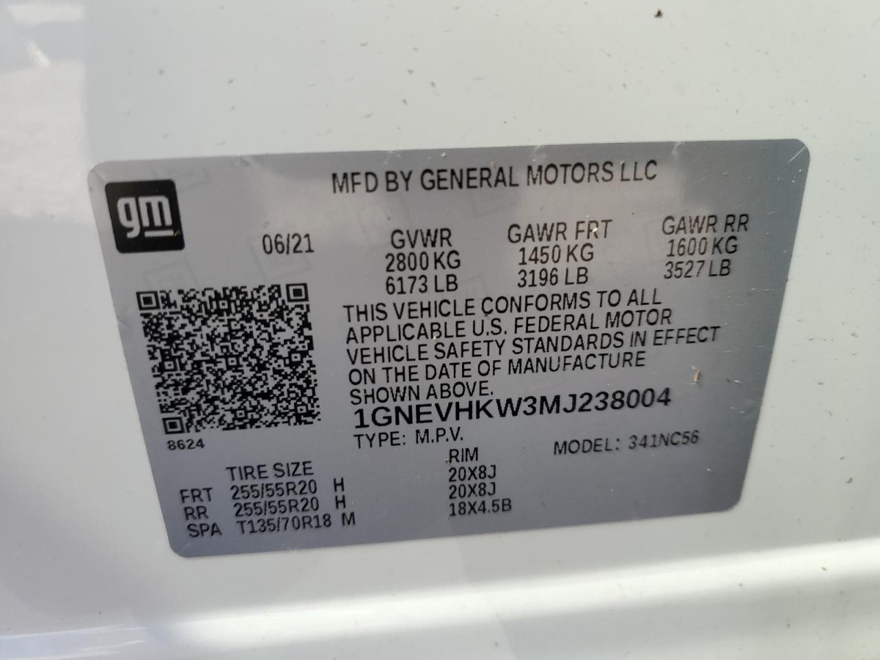 1GNEVHKW3MJ238004 2021 Chevrolet Traverse Lt