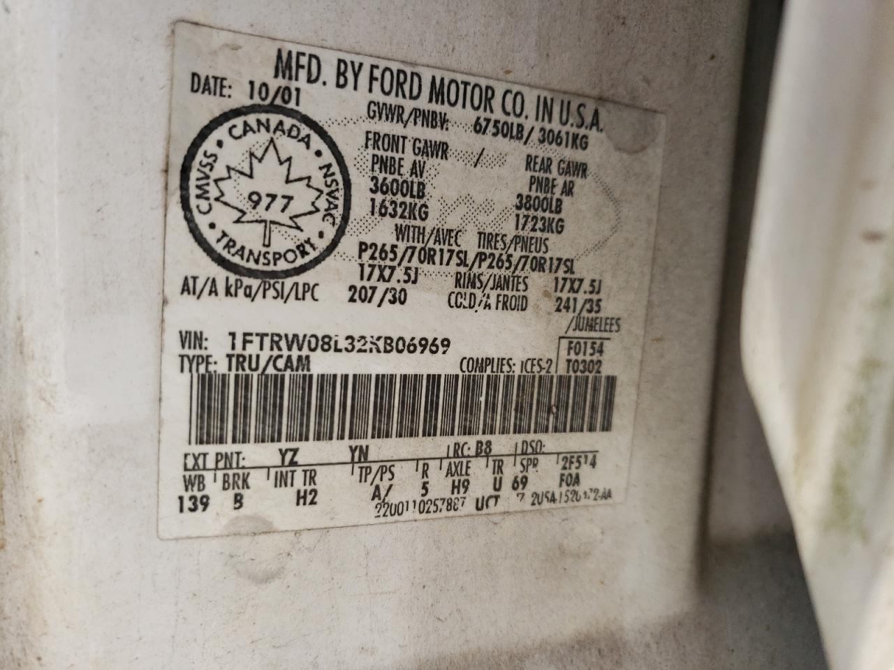 2002 Ford F150 Supercrew VIN: 1FTRW08L32KB06969 Lot: 76030684