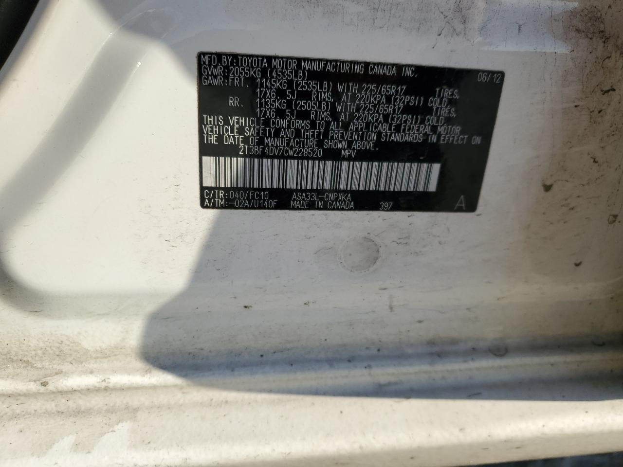 2T3BF4DV7CW228520 2012 Toyota Rav4