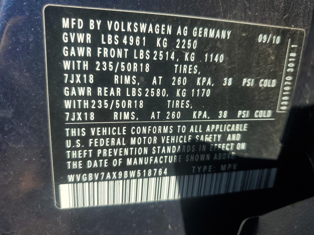 WVGBV7AX9BW518764 2011 Volkswagen Tiguan S