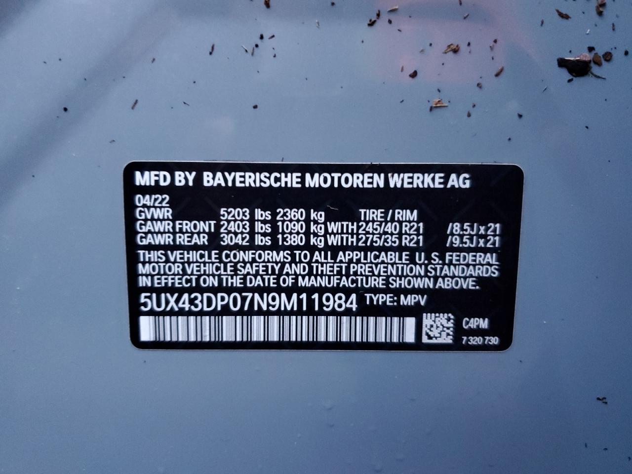 5UX43DP07N9M11984 2022 BMW X3 Sdrive30I