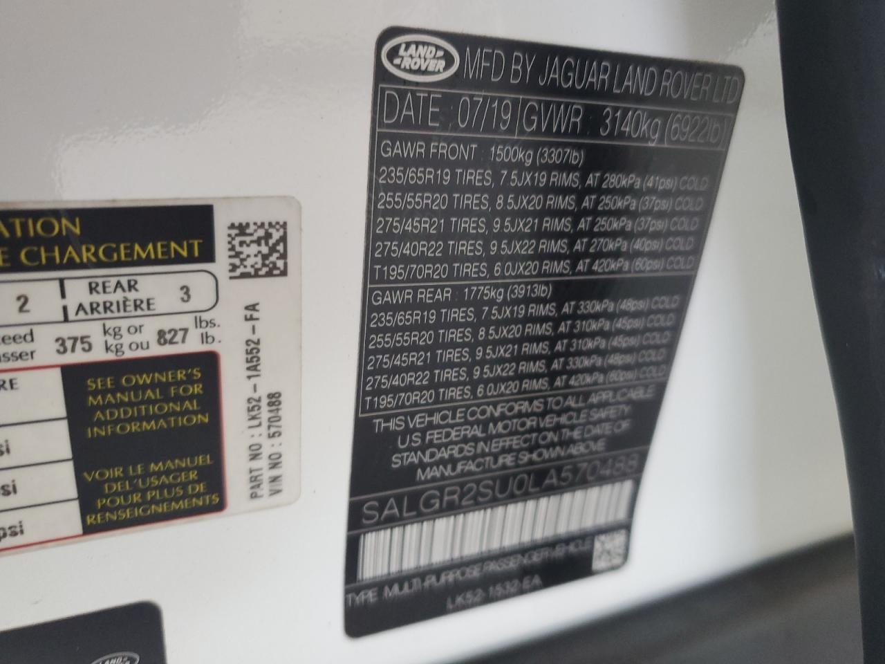 2020 Land Rover Range Rover VIN: SALGR2SU0LA570488 Lot: 73030624